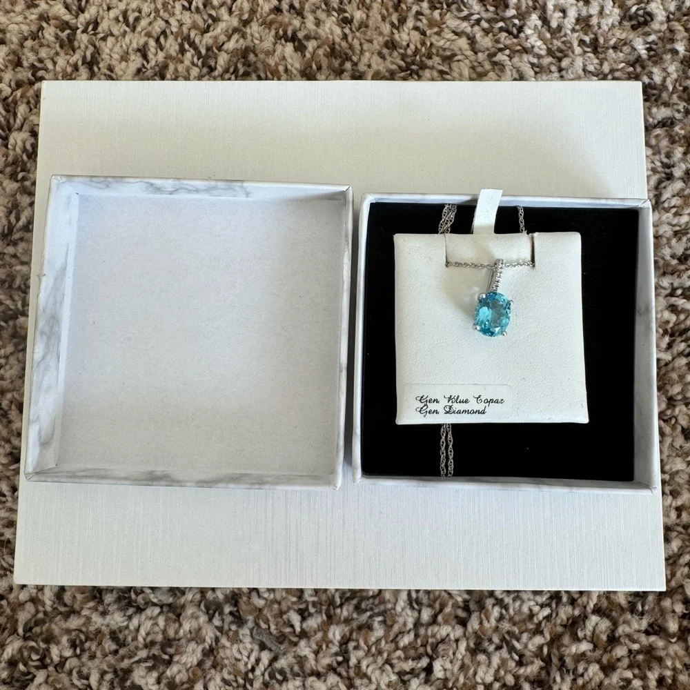 Gen Blue Topaz Gen Diamond Pendant Sterling Silver Necklace
